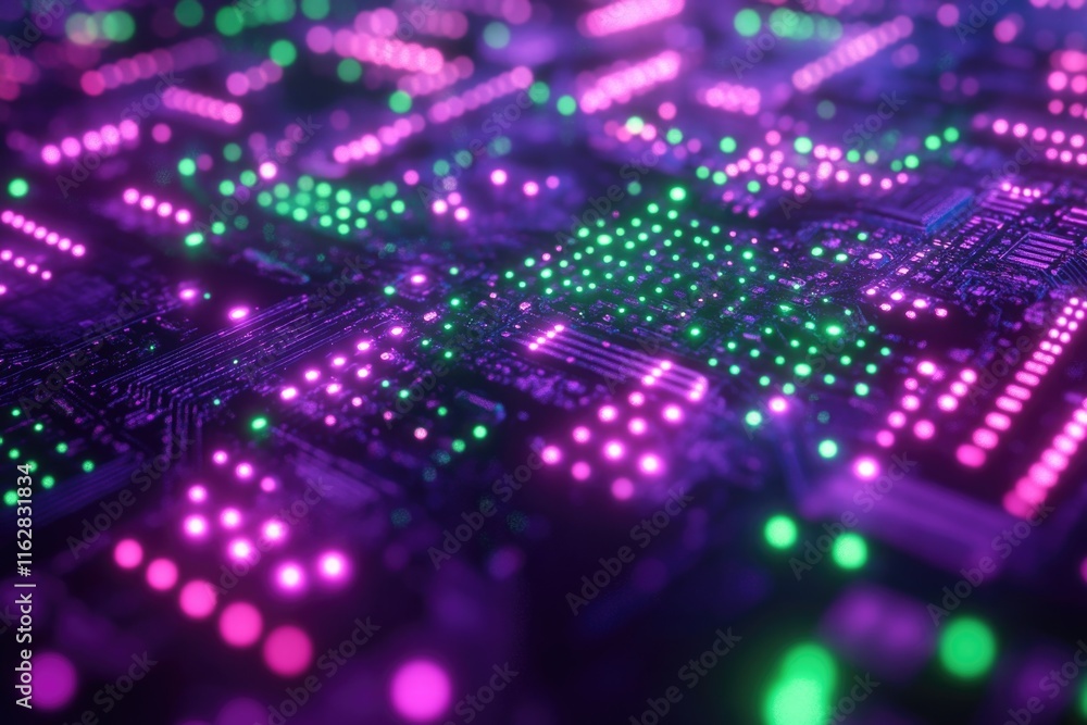 Poster a detailed view of a circuit board with numerous lights and electronic components