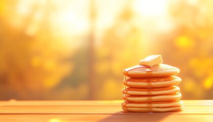 Obraz premium Delicious stack of golden pancakes drizzled with syrup, set against a warm, glowing background, perfect for breakfast themes.