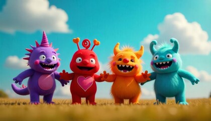 Fototapeta premium Animation of a group of cute little felt monster
