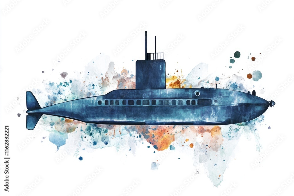 Poster a watercolor illustration of a submarine on a white background, perfect for use in editorial or desi