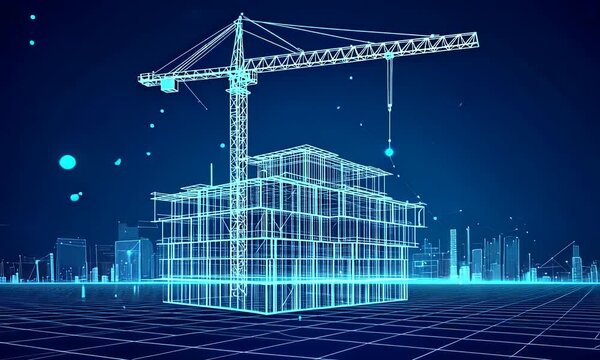 A futuristic digital blueprint of a building under construction with cranes in a glowing design