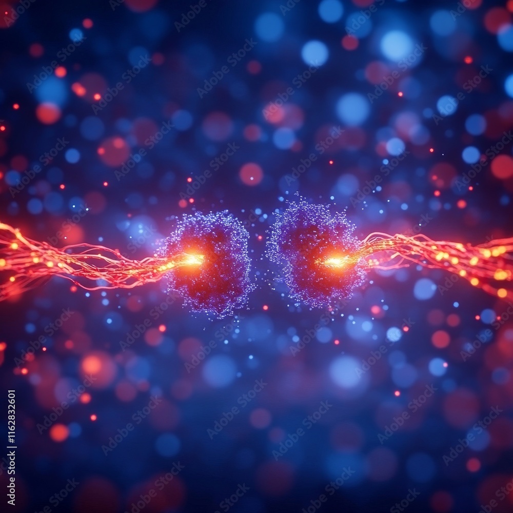 Poster dynamic visualization of atomic particles connected by energy waves, representing scientific princip