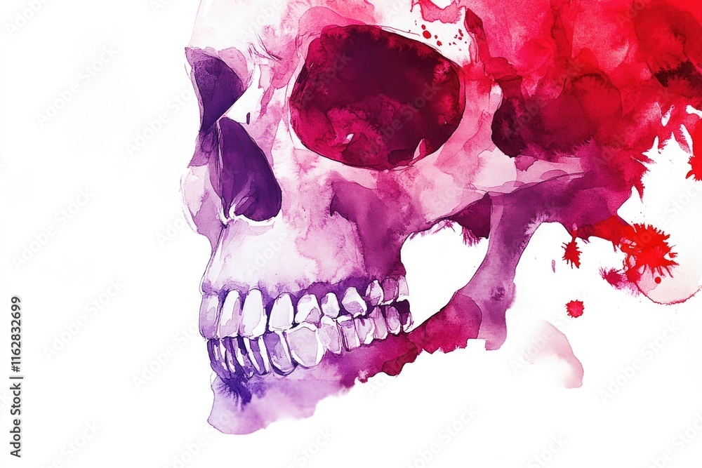 Poster a close-up view of a skull with blood splatters and gore, suitable for horror or crime scene illustr