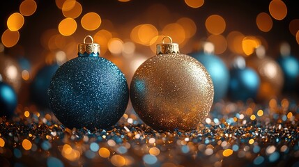 Two blue and gold Christmas ornaments on a table, perfect for holiday decorating or gift-giving
