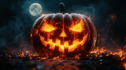 Naklejka premium Flaming Halloween pumpkin on fire under a full moon.