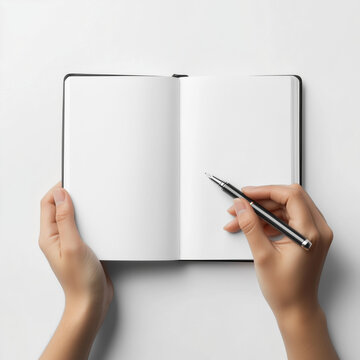 M&atilde;os segurando um caderno aberto em branco com uma caneta preta