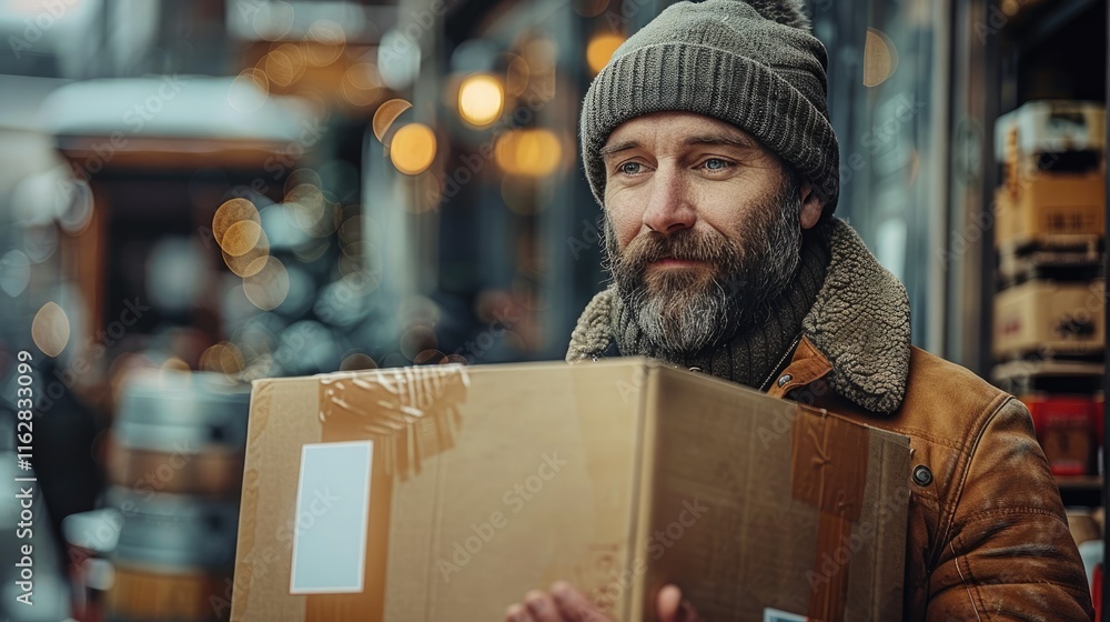 Poster A delivery man with a box in front of a brewery.