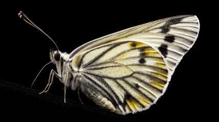 Close-up shot of a butterfly perched on a dark background, ideal for use in designs where a pop of color is needed