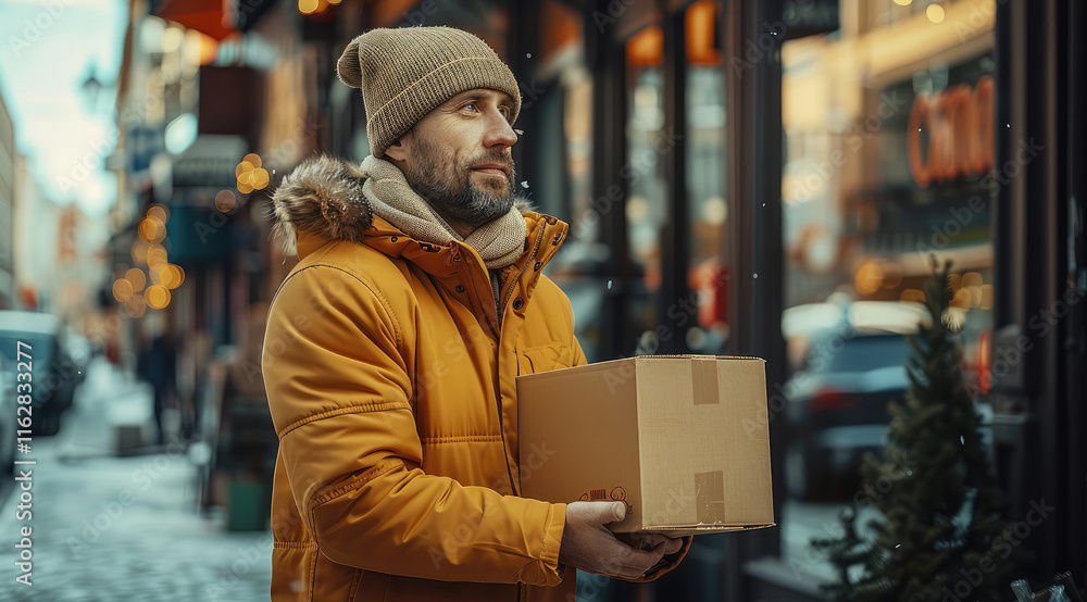 Poster A delivery man with a box in front of a brewery.