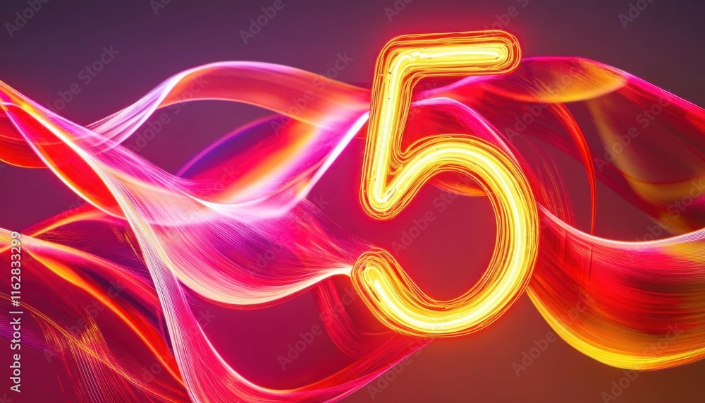 Poster neon number five glowing with colorful light trails on dark background