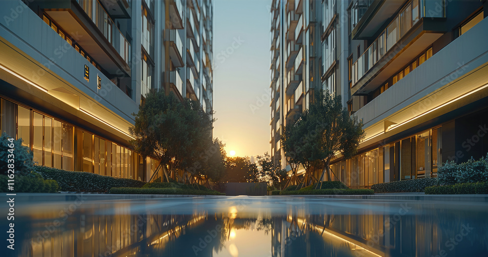Poster the exterior front facade, showing two modern buildings with slightly different heights and shapes t