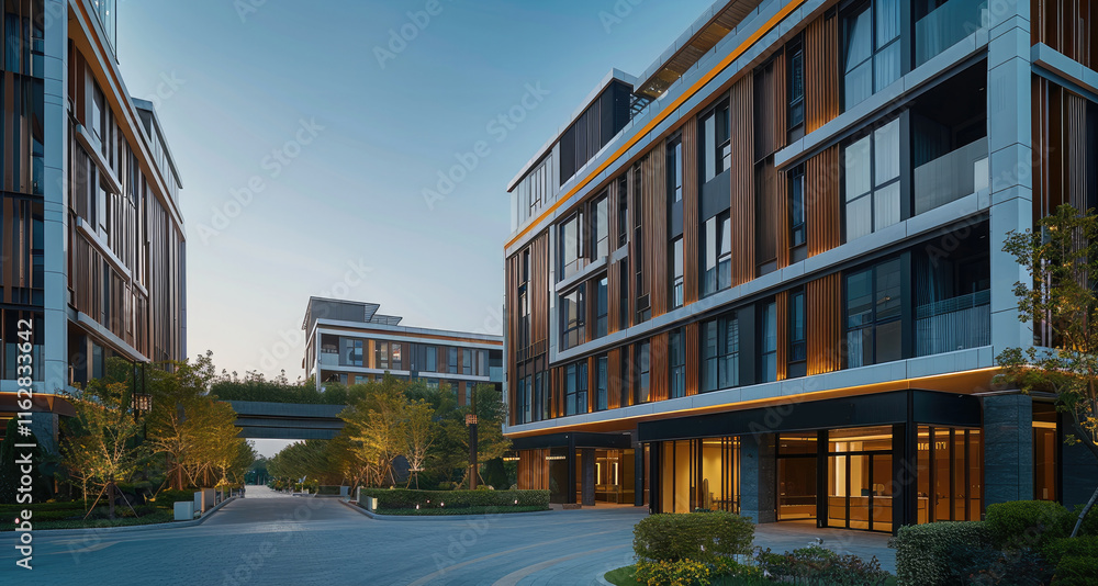 Aufkleber The exterior front facade, showing two modern buildings with slightly different heights and shapes to create visual interest in an urban setting.