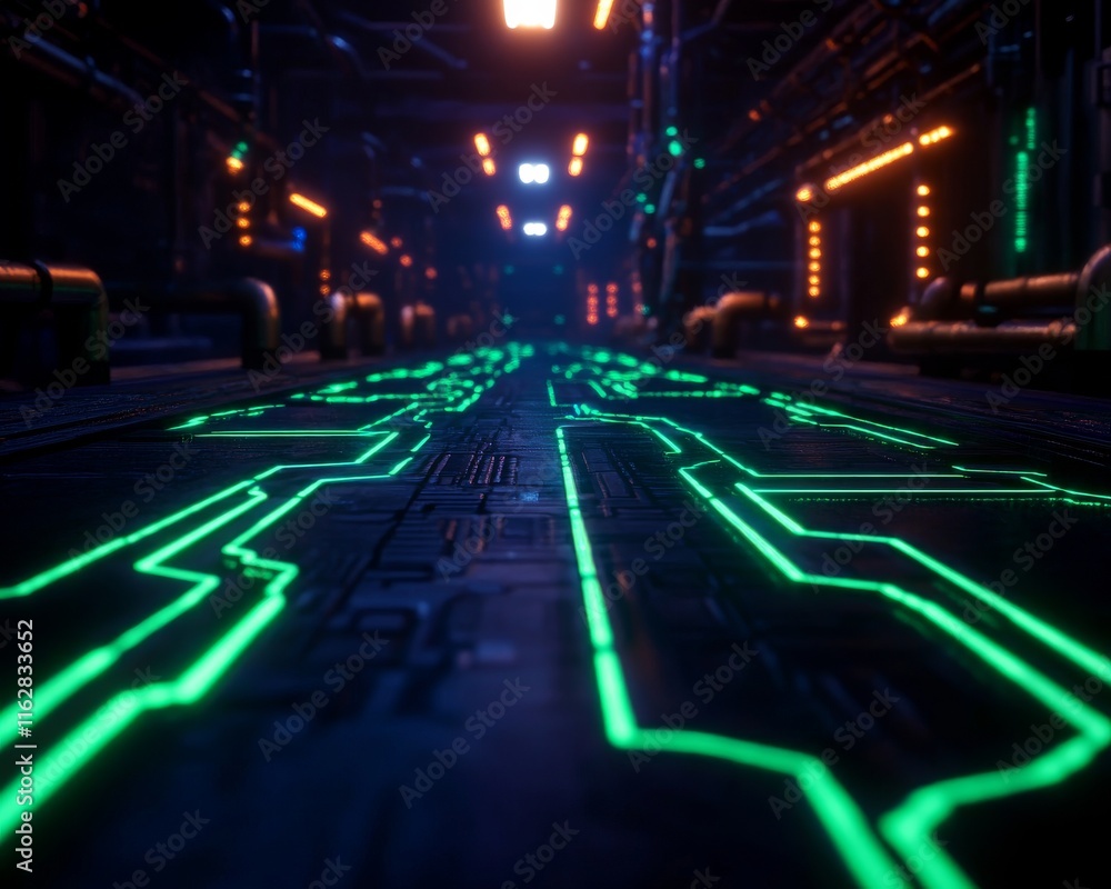 Poster futuristic corridor with glowing green circuitry. perfect for tech-focused projects and digital them
