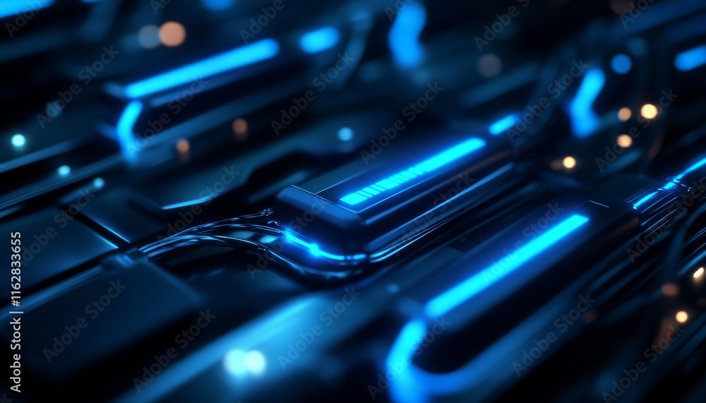 Poster futuristic digital abstract design featuring glowing blue lines and intricate patterns, representing