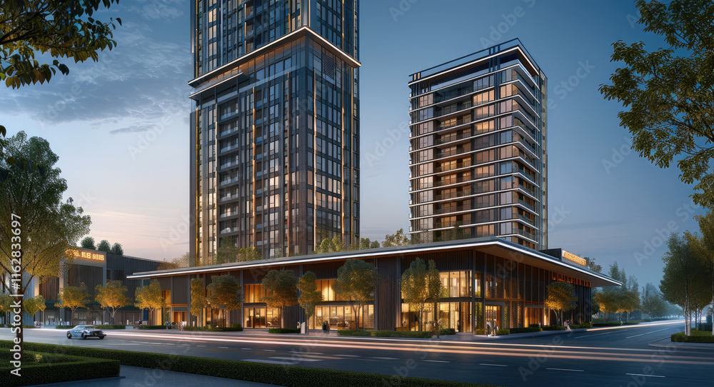 Poster The exterior front facade, showing two modern buildings with slightly different heights and shapes to create visual interest in an urban setting.