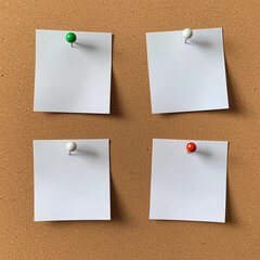 4 Notas brancas presas em mural de corti&ccedil;a com alfinetes coloridos