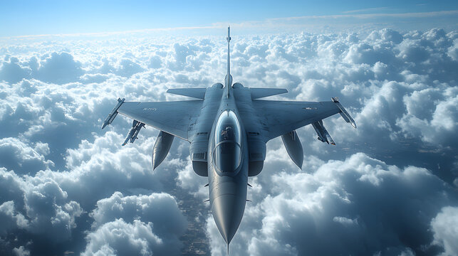 sleek fighter jet cutting through dense clouds under bright blue skies, showcasing power and speed in a high-altitude environment.