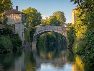 Fototapeta premium Stone arch bridge over calm river, nestled amongst lush green trees and houses.