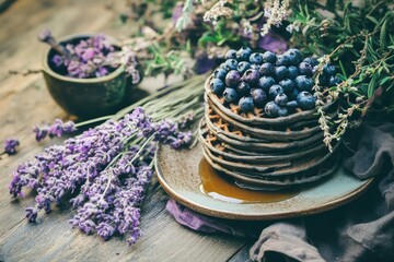 Delicious Waffles Topped with Fresh Blueberries and Drizzled with Syrup on a Simple Wooden Table Bathed in Golden Sunlight Surrounded by Lavender Flowers