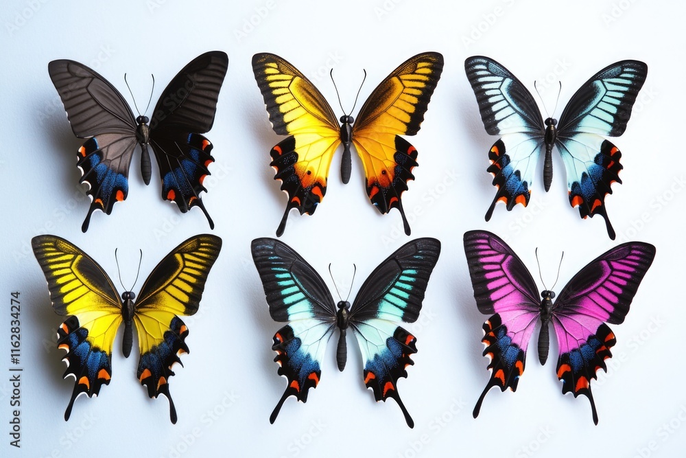 Poster a group of colorful butterflies sit on a white surface, creating a vibrant and playful scene