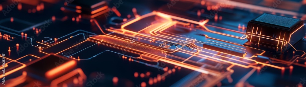 Poster futuristic circuit board design with glowing lines and chips, ideal for tech-related projects and di