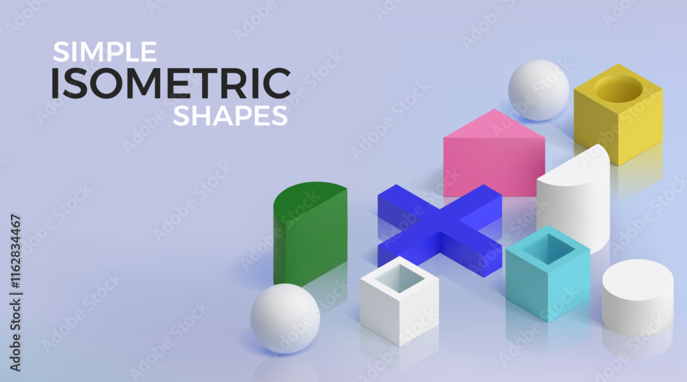 Poster 3D isometric shapes. Geometric background. Technology block cube. Abstract gradient platform. Plastic figures. Color sphere and cylinder. Glossy surface reflection. Vector poster design