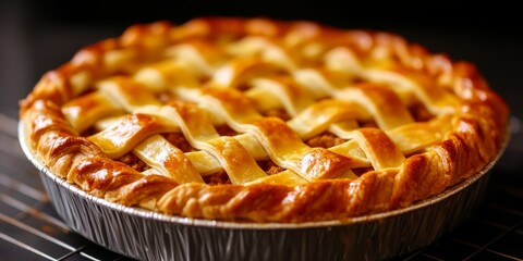 Golden brown apple pie with a perfectly woven lattice crust, freshly baked and cooling on a rack, ready for tasting.