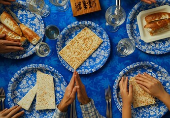 Fototapeta premium Overhead View of Passover Seder Table with Matzah, Family, and Food