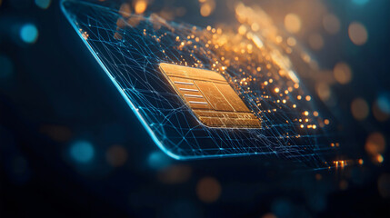Digital wireframe credit card, futuristic bank payment technology, financial polygon transaction design, electronic money hologram