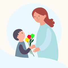 Mother's day: modern illustration of mom and son for greetings and design