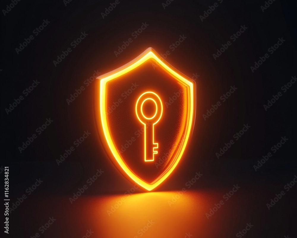Poster illuminated shield symbol with a key, representing security and protection in the digital age.