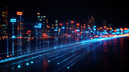 Fototapeta premium Futuristic city at night with glowing digital data streams.