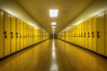Long empty school hallway with yellow lockers and wood floor.