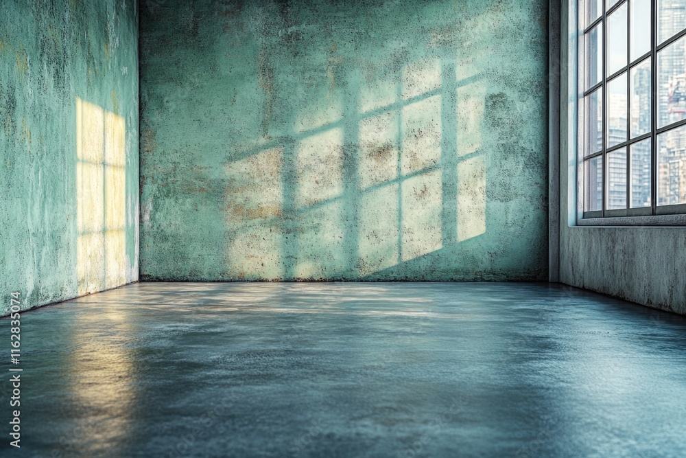 Poster a simple room with a window and green wall, suitable for use in various interior design or minimalis
