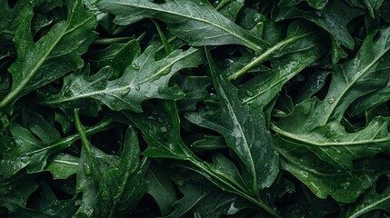 Fresh arugula leaves with water droplets, close-up.
