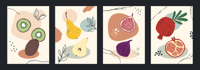 Tropical fruits poster set. Half and whole kiwi, fresh pear, fig and pomegranate. Vertical banners design. Summer organic natural exotic products. Vector cartoon flat isolated illustration