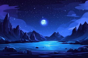 Fototapeta premium Glowing Full Moon Above Serene Night Sky with Stylized Vector Art, Soft Light Gradients and Dark Blue Background Illustrating Peaceful Mountain Landscape