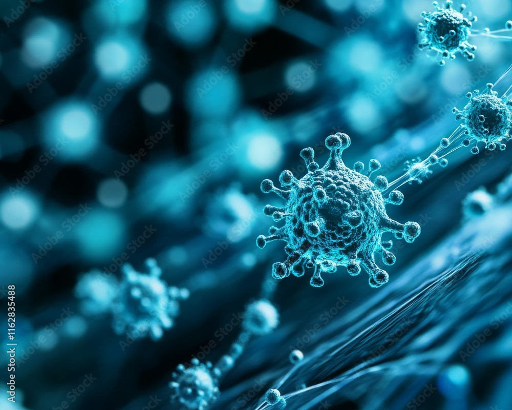 Poster magnified view of vibrant blue microorganisms highlighting their intricate structure and diverse for