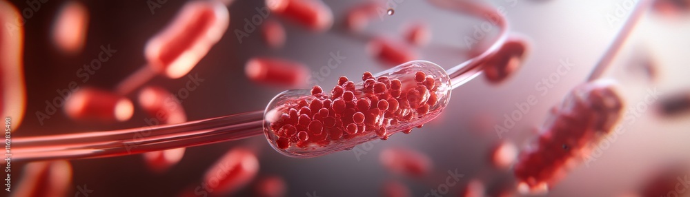 Poster magnified view of vibrant red bacteria showcasing their unique structure and cellular components in 