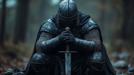 A Weathered Knight Kneels In Prayer Holding His Sword