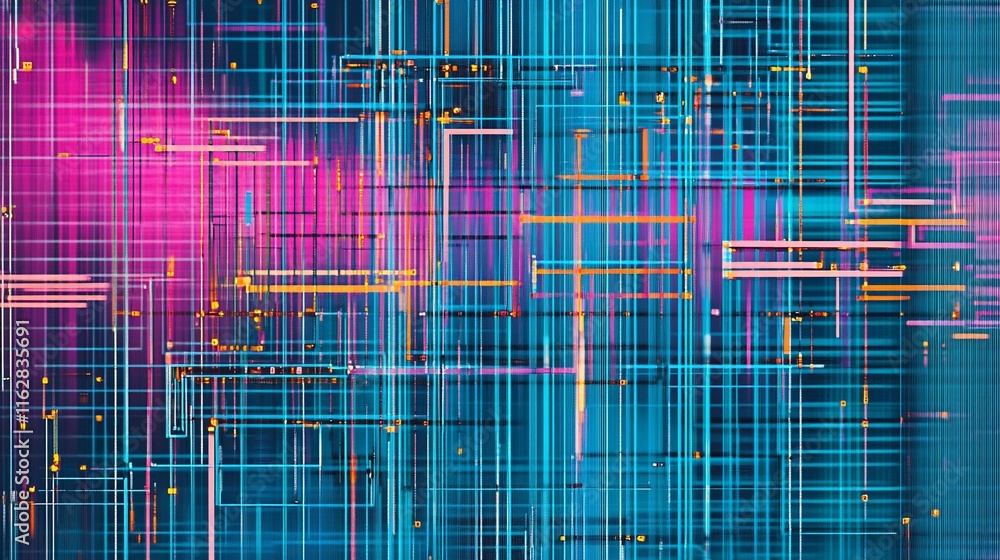 Poster abstract colorful grid pattern with intersecting lines and glowing dots.