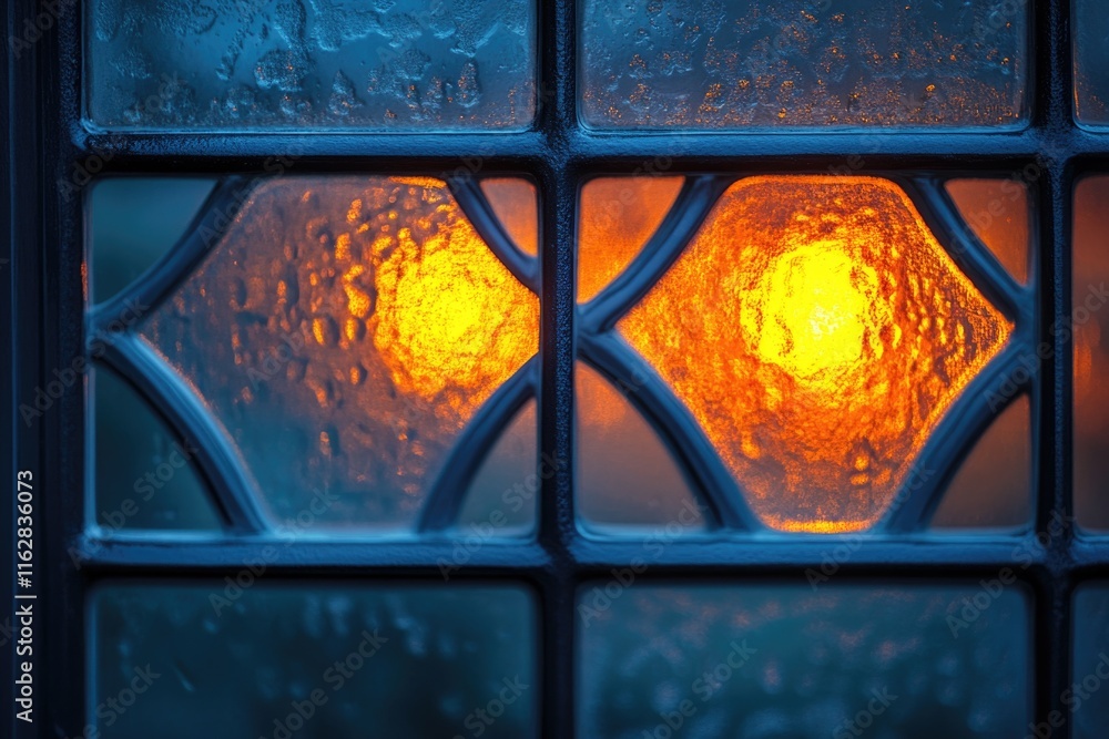 Poster A close-up shot of a window with a warm light shining through, suitable for use in interior design or architectural contexts
