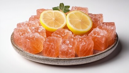 Refreshing pink jelly cubes garnished with mint and lemon slices on a rustic plate, perfect for summer desserts.