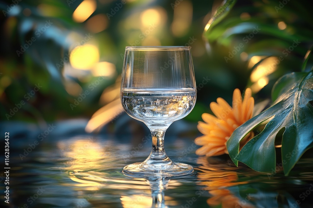 Poster a clear glass filled with water sits on a table, perfect for use as a prop in still life photography