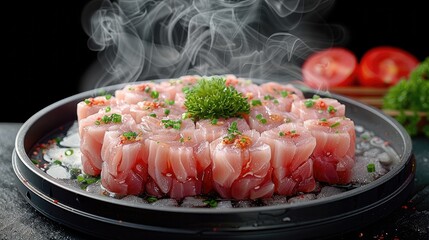 A delectable serving of tuna tartare arranged artfully on a sizzling rock hot plate, with steam rising delicately, set against a clean dark backdrop to highlight its freshness.