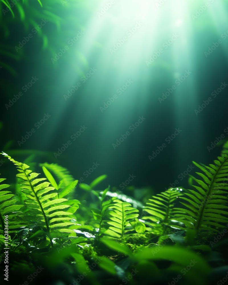 Aufkleber sunlight filtering through the trees illuminates lush green ferns, creating a serene and tranquil at