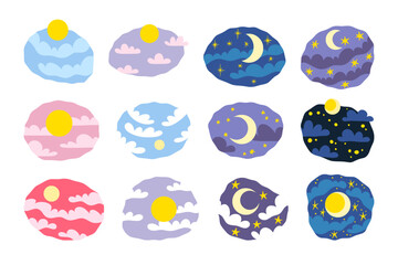 Day and night icons. Morning, evening sunny daytime emblems, sun and clouds on sky, time cycle. Isolated sunny stickers, weather kids labels. Sunlight and moon. Vector cartoon flat flat concept