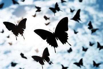 A group of dark-colored butterflies soaring through a clear blue sky