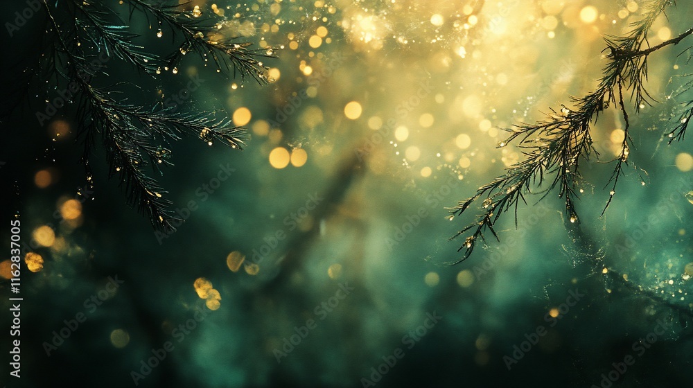 Poster magical forest scene with glowing bokeh and pine branches.