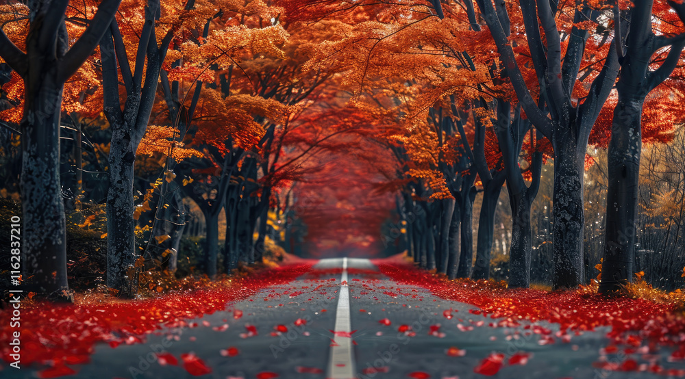 Poster the road is lined with maple trees, which have red leaves and yellow flowers on them, creating a bea